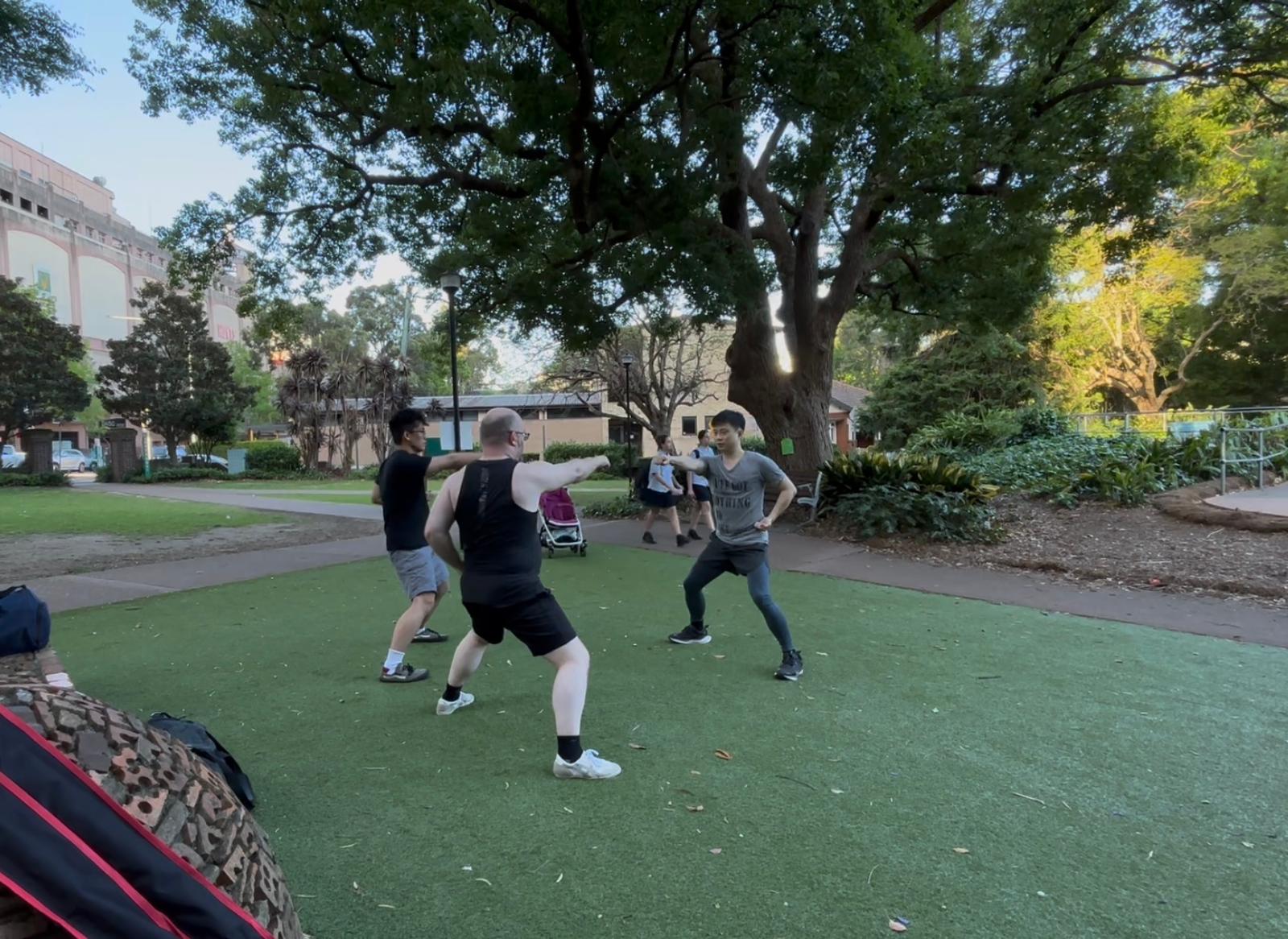 Students practising Kung Fu fundamentals outdoors